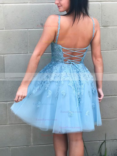 A-line V-neck Lace Tulle Short/Mini Appliques Lace Short Prom Dresses #Favs020020108959