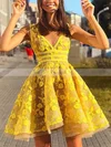 A-line V-neck Tulle Lace Short/Mini Appliques Lace Short Prom Dresses #Favs020020108960