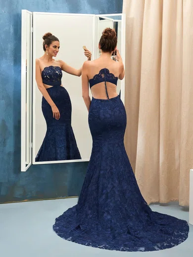 Trumpet/Mermaid Scoop Neck Lace Court Train Appliques Lace Prom Dresses #Favs020102867