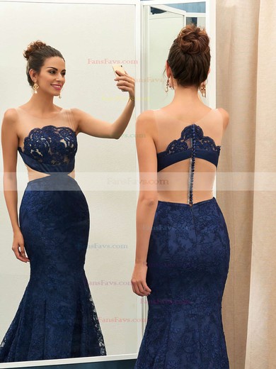 Trumpet/Mermaid Scoop Neck Lace Court Train Appliques Lace Prom Dresses #Favs020102867