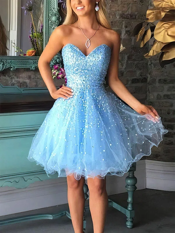 A-line Sweetheart Tulle Sequined Short/Mini Short Prom Dresses #Favs020020108961