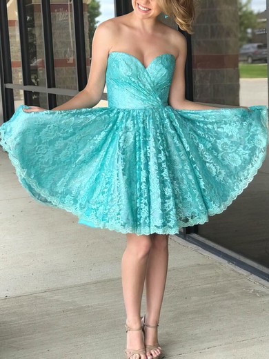 A-line Sweetheart Lace Knee-length Short Prom Dresses With Ruffles #Favs020020111470