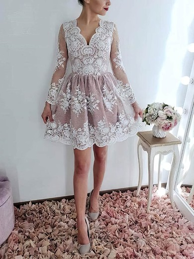 A-line V-neck Lace Tulle Short/Mini Appliques Lace Short Prom Dresses #Favs020020108962