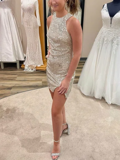 Sheath/Column Scoop Neck Sequined Short/Mini Short Prom Dresses With Split Front #Favs020020110646