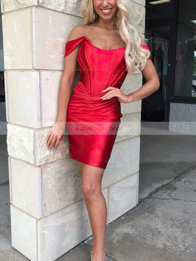 Sheath/Column Off-the-shoulder Silk-like Satin Short/Mini Short Prom Dresses With Ruffles #Favs020020109886
