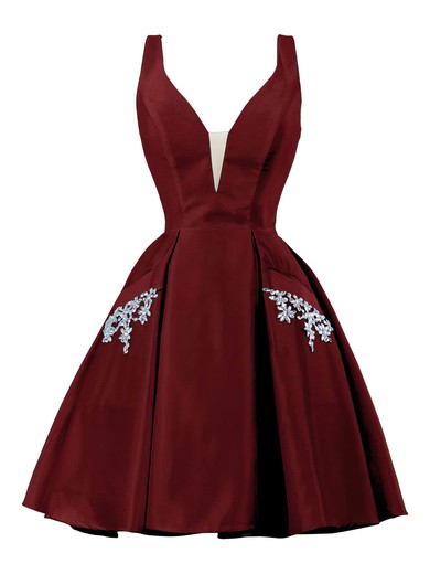 A-line V-neck Satin Knee-length Short Prom Dresses With Pockets #Favs020020111274