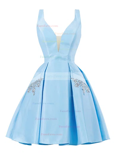 A-line V-neck Satin Knee-length Short Prom Dresses With Pockets #Favs020020111274