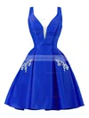A-line V-neck Satin Knee-length Short Prom Dresses With Pockets #Favs020020111274