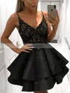 A-line V-neck Satin Lace Short/Mini Beading Short Prom Dresses #Favs020020108966