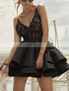 A-line V-neck Satin Lace Short/Mini Beading Short Prom Dresses #Favs020020108966