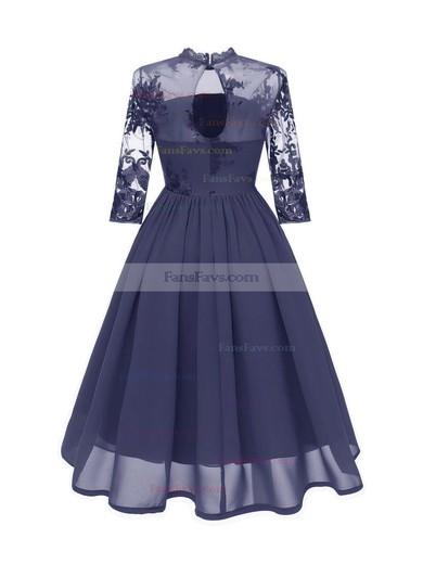 A-line High Neck Chiffon Tea-length Short Prom Dresses With Lace #Favs020020111276