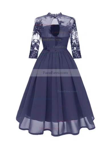 A-line High Neck Chiffon Tea-length Short Prom Dresses With Lace #Favs020020111276