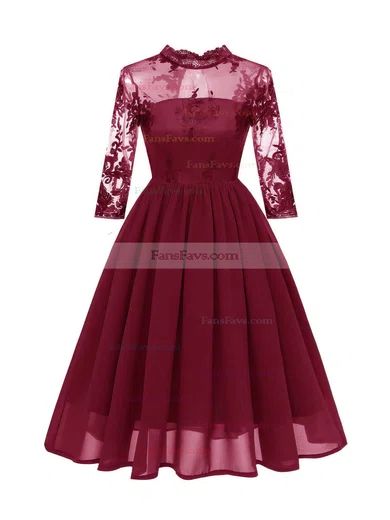 A-line High Neck Chiffon Tea-length Short Prom Dresses With Lace #Favs020020111276