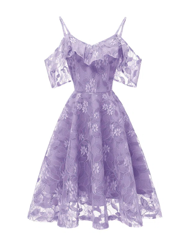 A-line Off-the-shoulder Lace Tea-length Short Prom Dresses #Favs020020111277
