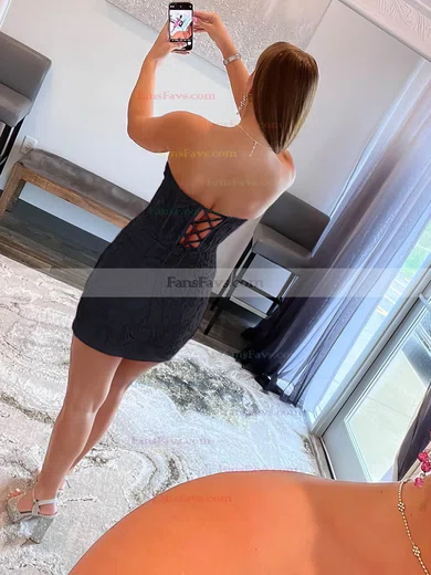 Sheath/Column Strapless Lace Tulle Short/Mini Appliques Lace Short Prom Dresses #Favs020020108969