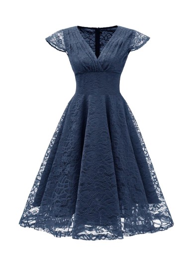 A-line V-neck Lace Tea-length Short Prom Dresses With Ruffles #Favs020020111278
