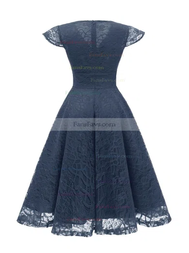 A-line V-neck Lace Tea-length Short Prom Dresses With Ruffles #Favs020020111278