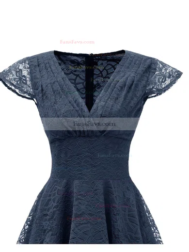 A-line V-neck Lace Tea-length Short Prom Dresses With Ruffles #Favs020020111278