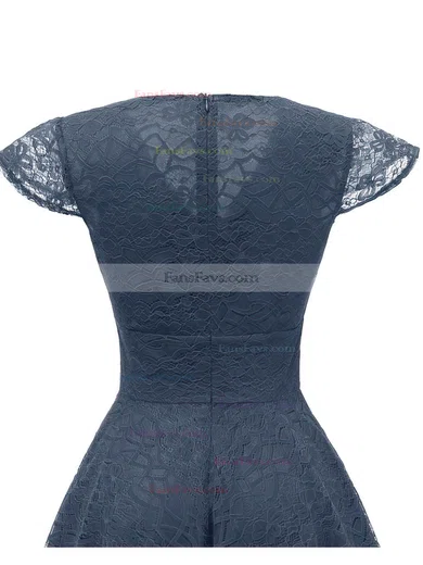 A-line V-neck Lace Tea-length Short Prom Dresses With Ruffles #Favs020020111278