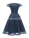 A-line V-neck Lace Tea-length Short Prom Dresses With Ruffles #Favs020020111278