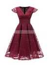 A-line V-neck Lace Tea-length Short Prom Dresses With Ruffles #Favs020020111278