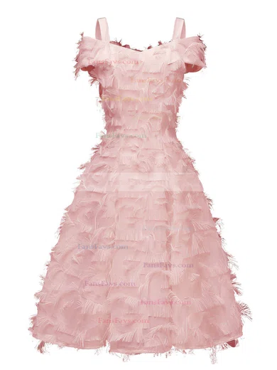 A-line Off-the-shoulder Tulle Tea-length Short Prom Dresses With Feathers / Fur #Favs020020111279