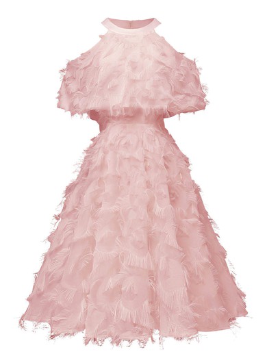 A-line Scoop Neck Tulle Tea-length Short Prom Dresses With Feathers / Fur #Favs020020111280