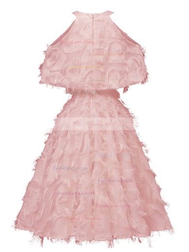 A-line Scoop Neck Tulle Tea-length Short Prom Dresses With Feathers / Fur #Favs020020111280