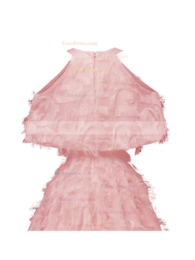 A-line Scoop Neck Tulle Tea-length Short Prom Dresses With Feathers / Fur #Favs020020111280