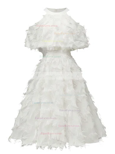 A-line Scoop Neck Tulle Tea-length Short Prom Dresses With Feathers / Fur #Favs020020111280