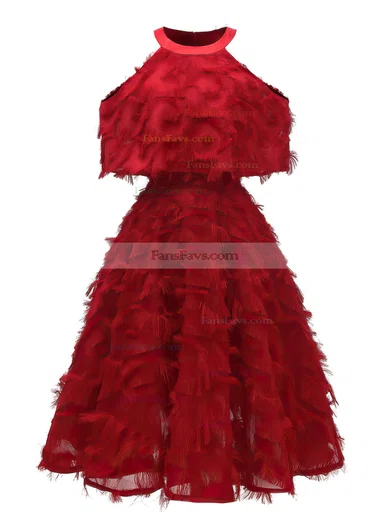 A-line Scoop Neck Tulle Tea-length Short Prom Dresses With Feathers / Fur #Favs020020111280