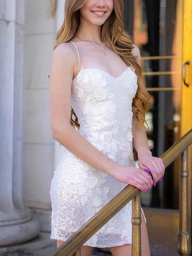 Sheath/Column V-neck Sequined Short/Mini Appliques Lace Short Prom Dresses #Favs020020108972