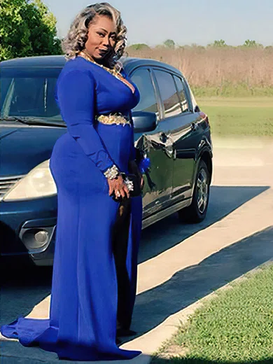 Sheath/Column V-neck Jersey Floor-length Appliques Lace prom dress #Favs020105957