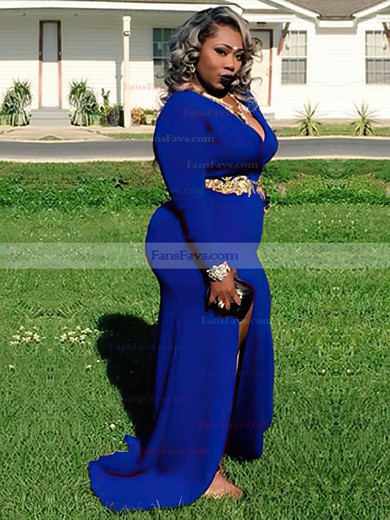 Sheath/Column V-neck Jersey Floor-length Appliques Lace prom dress #Favs020105957