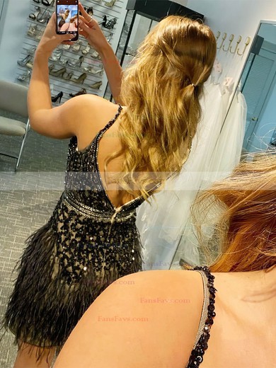 Sheath/Column V-neck Tulle Short/Mini Beading Short Prom Dresses #Favs020020108973