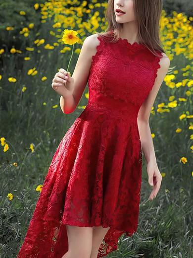 A-line Scoop Neck Lace Asymmetrical Short Prom Dresses #Favs020020111282