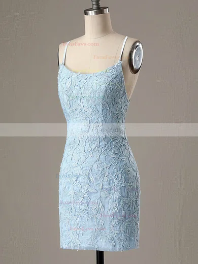 Sheath/Column Scoop Neck Lace Tulle Short/Mini Appliques Lace Short Prom Dresses #Favs020020108975