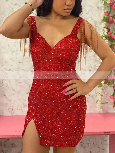 Sheath/Column V-neck Sequined Short/Mini Short Prom Dresses With Split Front #Favs020020110658