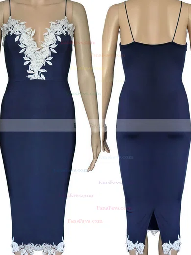 Sheath/Column V-neck Jersey Tea-length Short Prom Dresses With Lace #Favs020020111285