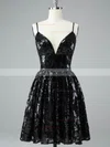 A-line V-neck Tulle Sequined Short/Mini Short Prom Dresses #Favs020020108978