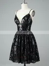 A-line V-neck Tulle Sequined Short/Mini Short Prom Dresses #Favs020020108978