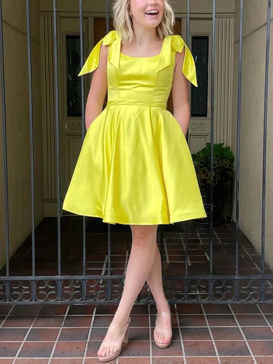 A-line Scoop Neck Satin Knee-length Short Prom Dresses With Pockets #Favs020020110661