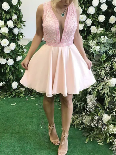 A-line V-neck Chiffon Short/Mini Short Prom Dresses With Sashes / Ribbons #Favs020020111289