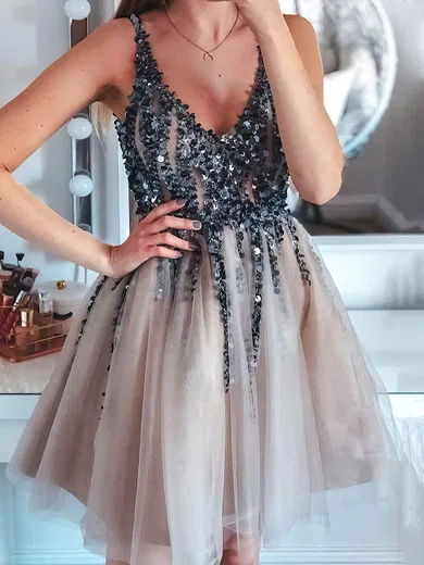 A-line V-neck Tulle Short/Mini Beading Short Prom Dresses #Favs020020108980
