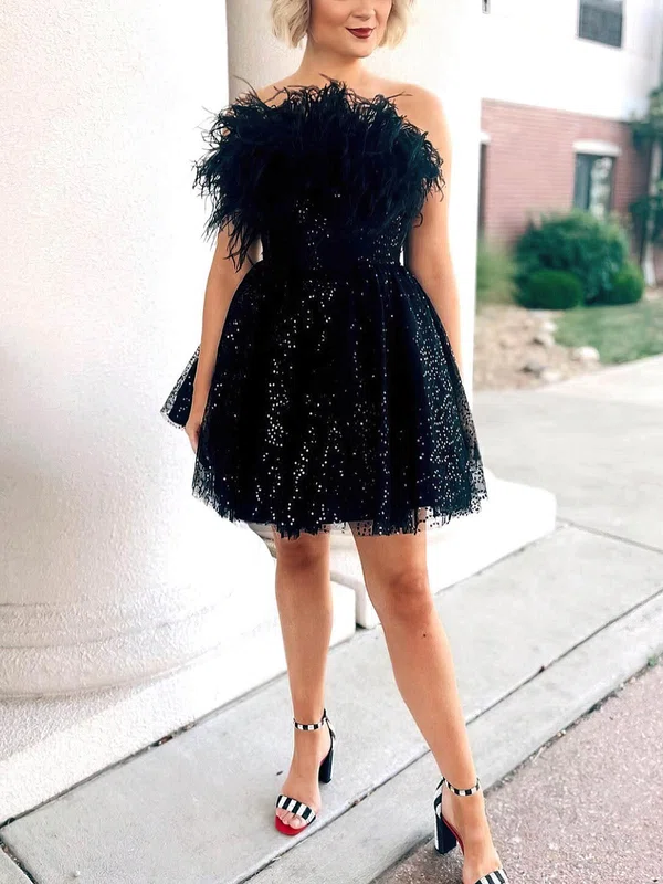 A-line Strapless Sequined Short/Mini Short Prom Dresses With Feathers / Fur #Favs020020109902