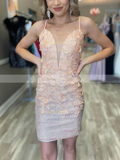 Sheath/Column V-neck Sequined Short/Mini Flower(s) Short Prom Dresses #Favs020020108981
