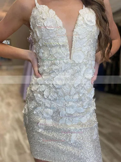 Sheath/Column V-neck Sequined Short/Mini Flower(s) Short Prom Dresses #Favs020020108981