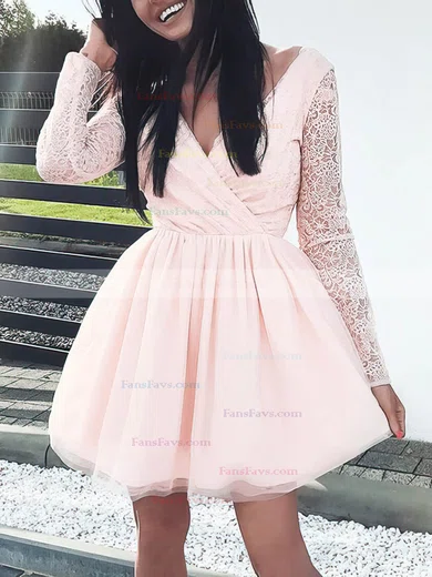 A-line V-neck Tulle Short/Mini Short Prom Dresses With Lace #Favs020020111292