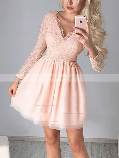 A-line V-neck Tulle Short/Mini Short Prom Dresses With Lace #Favs020020111292