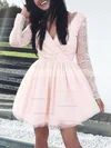 A-line V-neck Tulle Short/Mini Short Prom Dresses With Lace #Favs020020111292